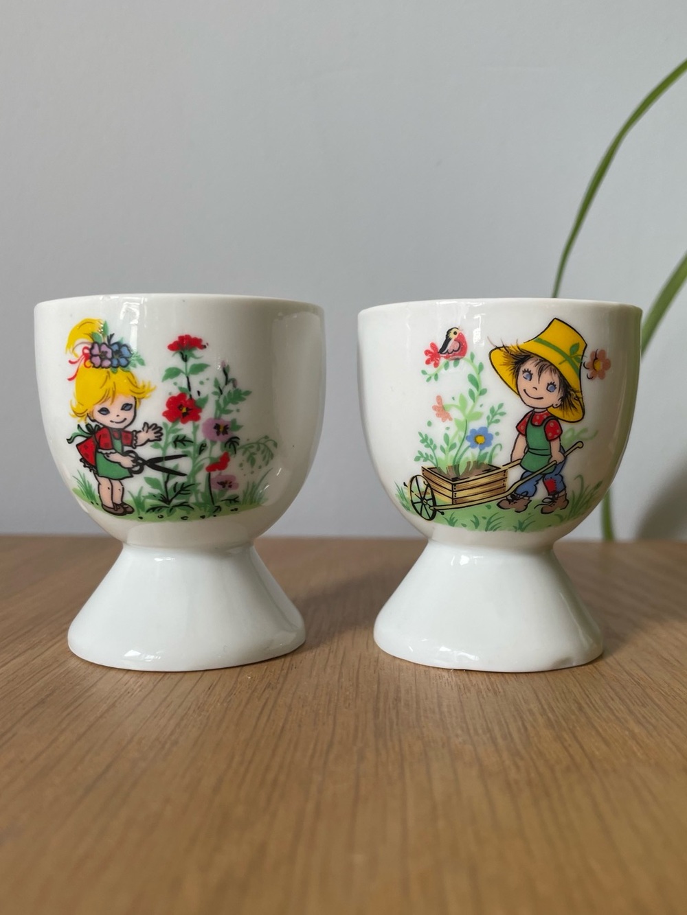 Vintage 1960s Porcelain Egg Cups with Garden Kids Illustrations